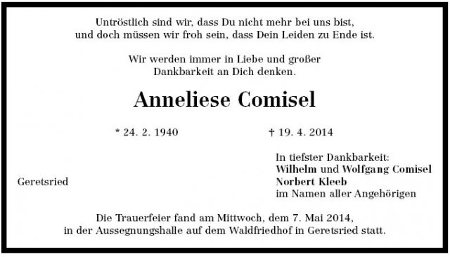 Reihl Anneliese 1940-2014 Todesanzeige